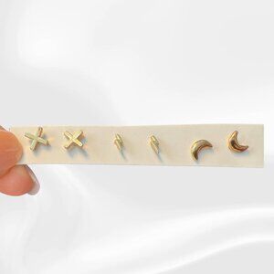 Gold-Tone Mini Stud Earring Set — X, Lightning Bolt & Crescent Moon (3 Pairs)
